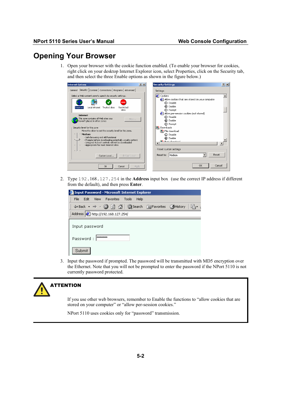 Opening your browser, Opening your browser -2 | Moxa Technologies NPort 5110 Series User Manual | Page 24 / 101