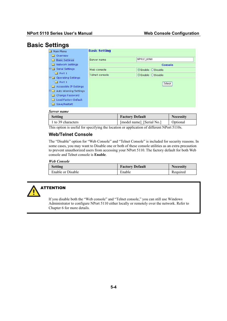 Basic settings, Basic settings -4 | Moxa Technologies NPort 5110 Series User Manual | Page 26 / 101
