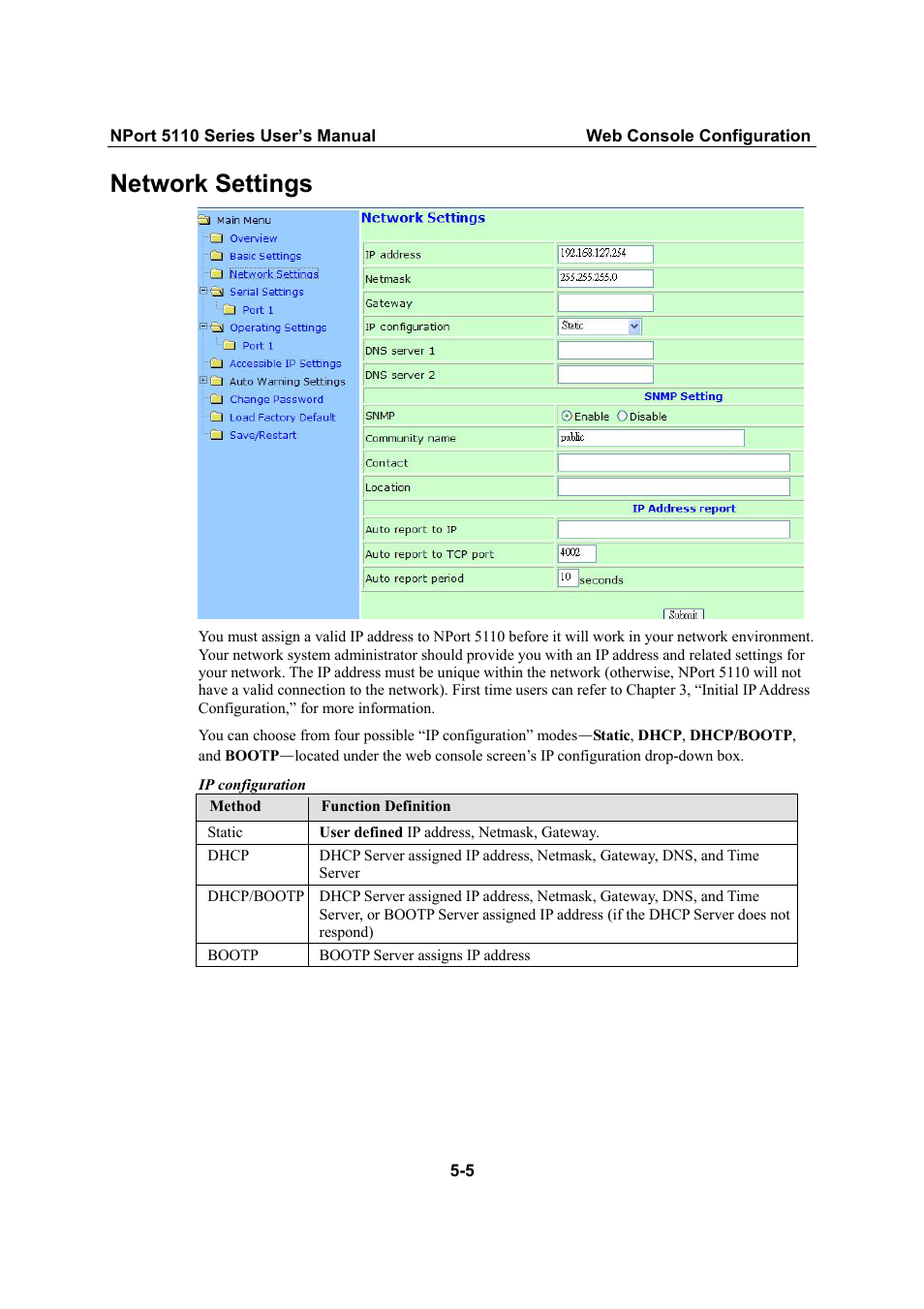 Network settings, Network settings -5 | Moxa Technologies NPort 5110 Series User Manual | Page 27 / 101
