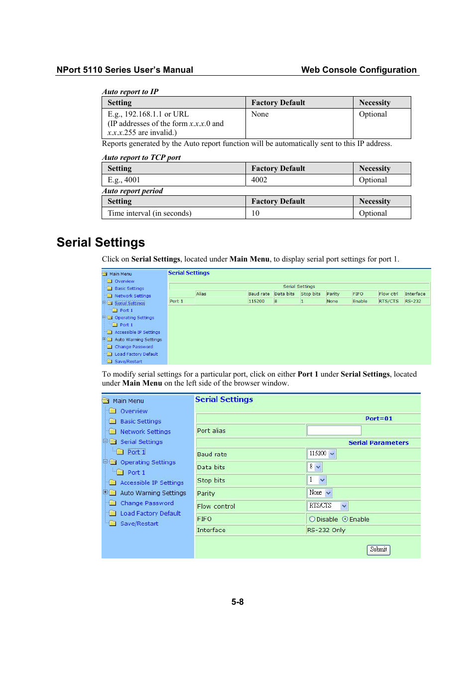 Serial settings, Serial settings -8 | Moxa Technologies NPort 5110 Series User Manual | Page 30 / 101