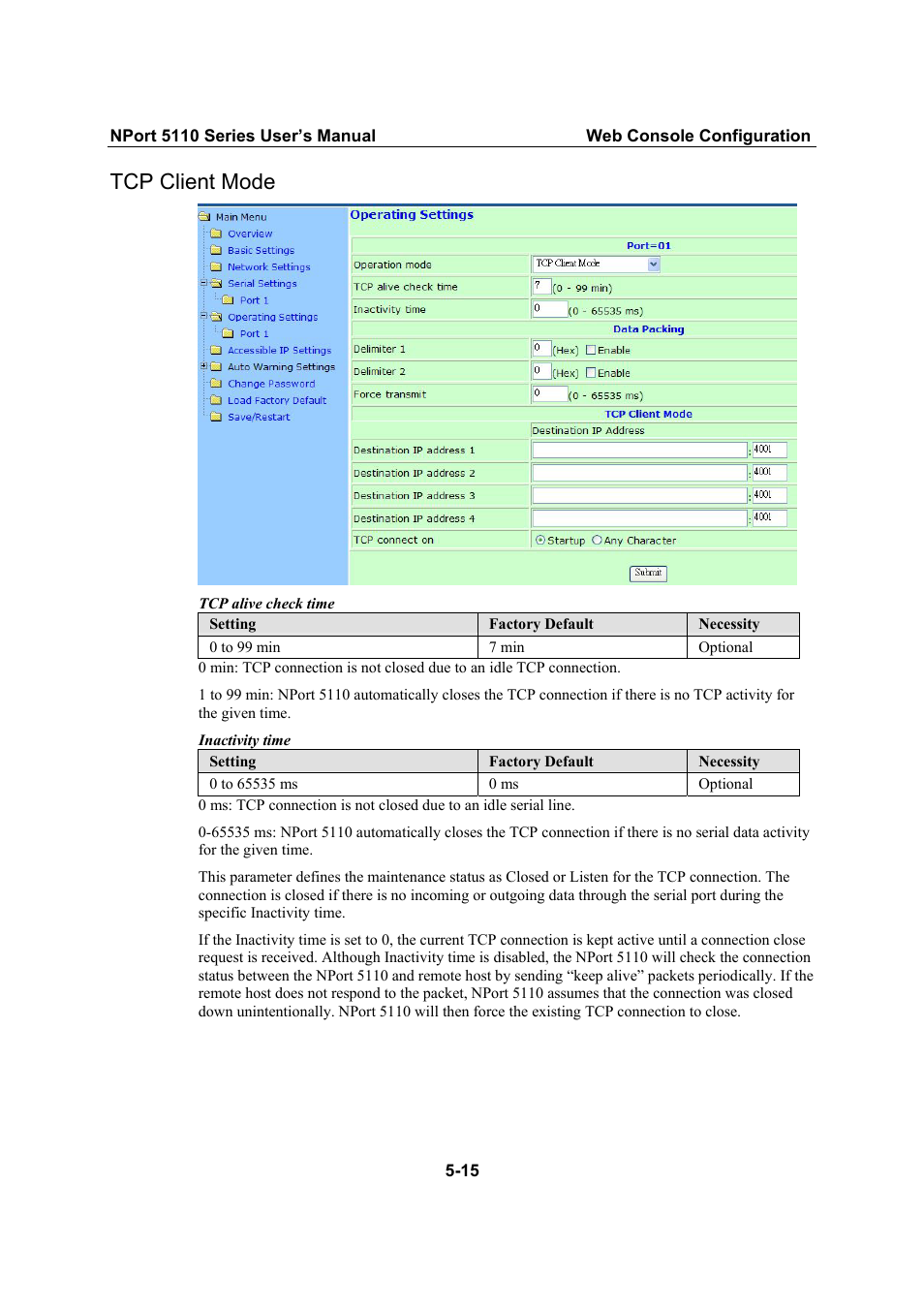 Tcp client mode, Tcp client mode -15 | Moxa Technologies NPort 5110 Series User Manual | Page 37 / 101