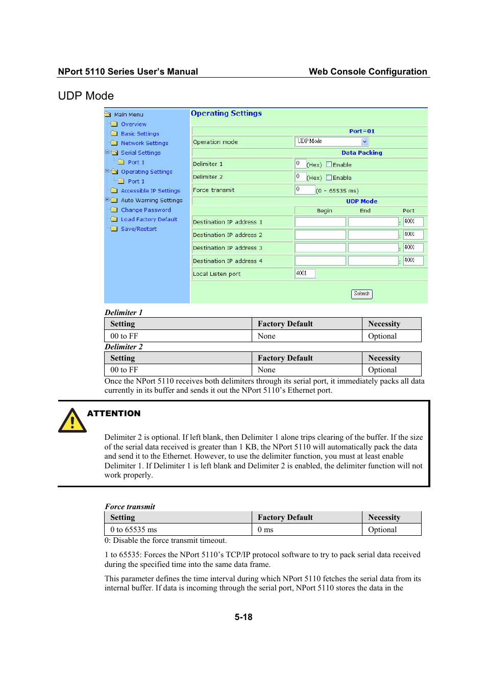 Udp mode, Udp mode -18 | Moxa Technologies NPort 5110 Series User Manual | Page 40 / 101
