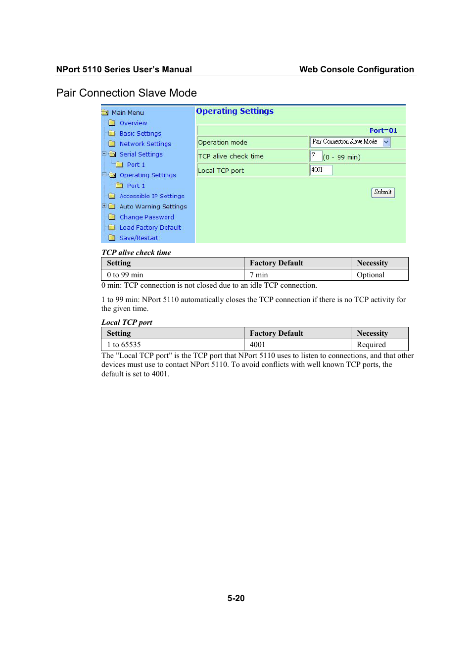 Pair connection slave mode, Pair connection slave mode -20 | Moxa Technologies NPort 5110 Series User Manual | Page 42 / 101