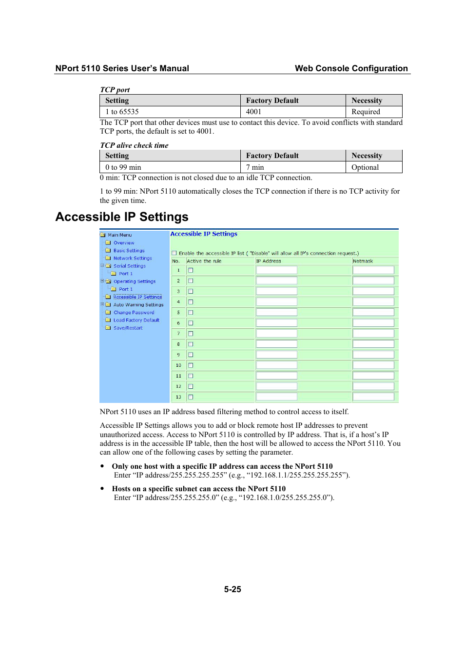 Accessible ip settings, Accessible ip settings -25 | Moxa Technologies NPort 5110 Series User Manual | Page 47 / 101