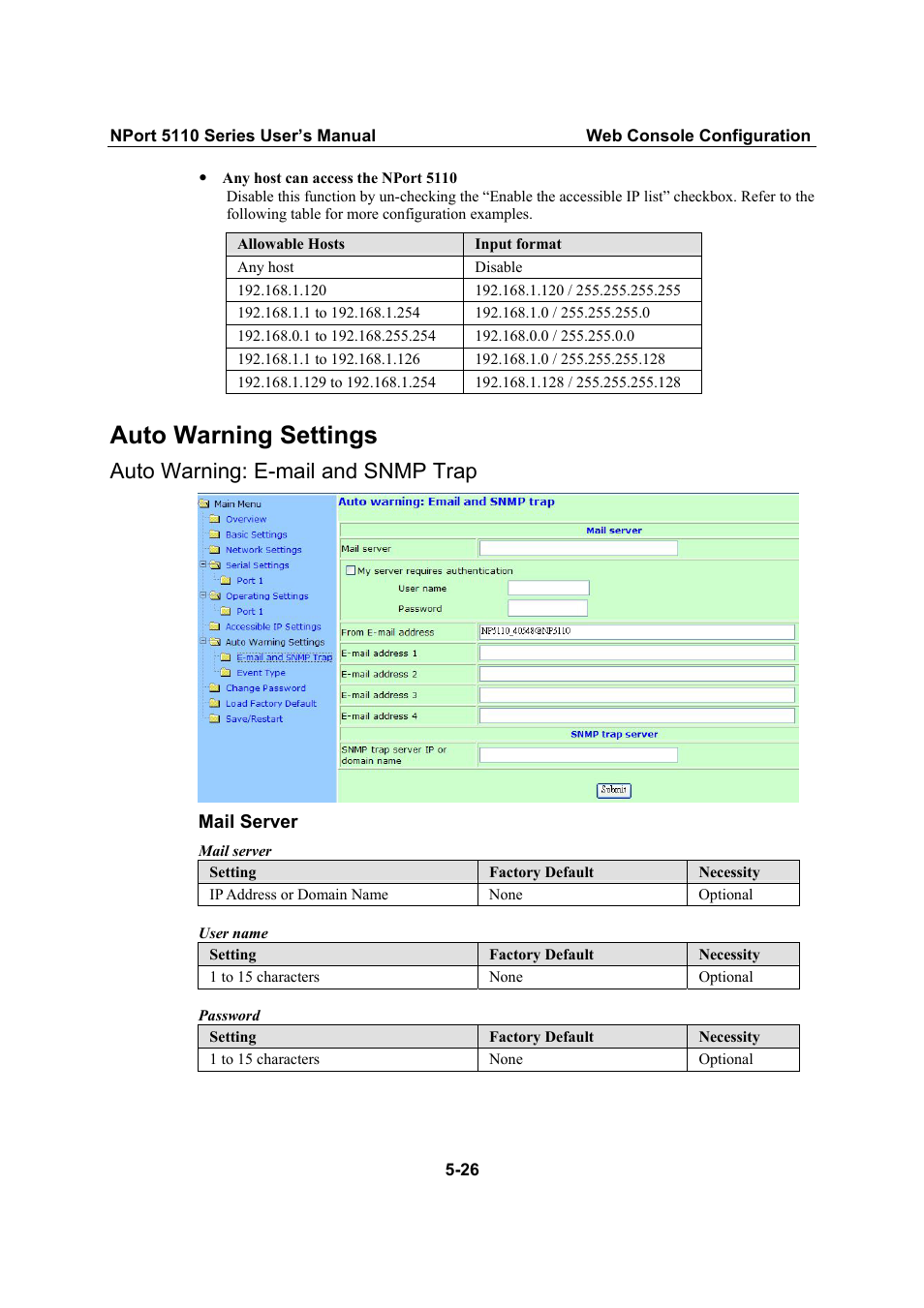 Auto warning settings, Auto warning: e-mail and snmp trap, Auto warning settings -26 | Auto warning: e-mail and snmp trap -26 | Moxa Technologies NPort 5110 Series User Manual | Page 48 / 101
