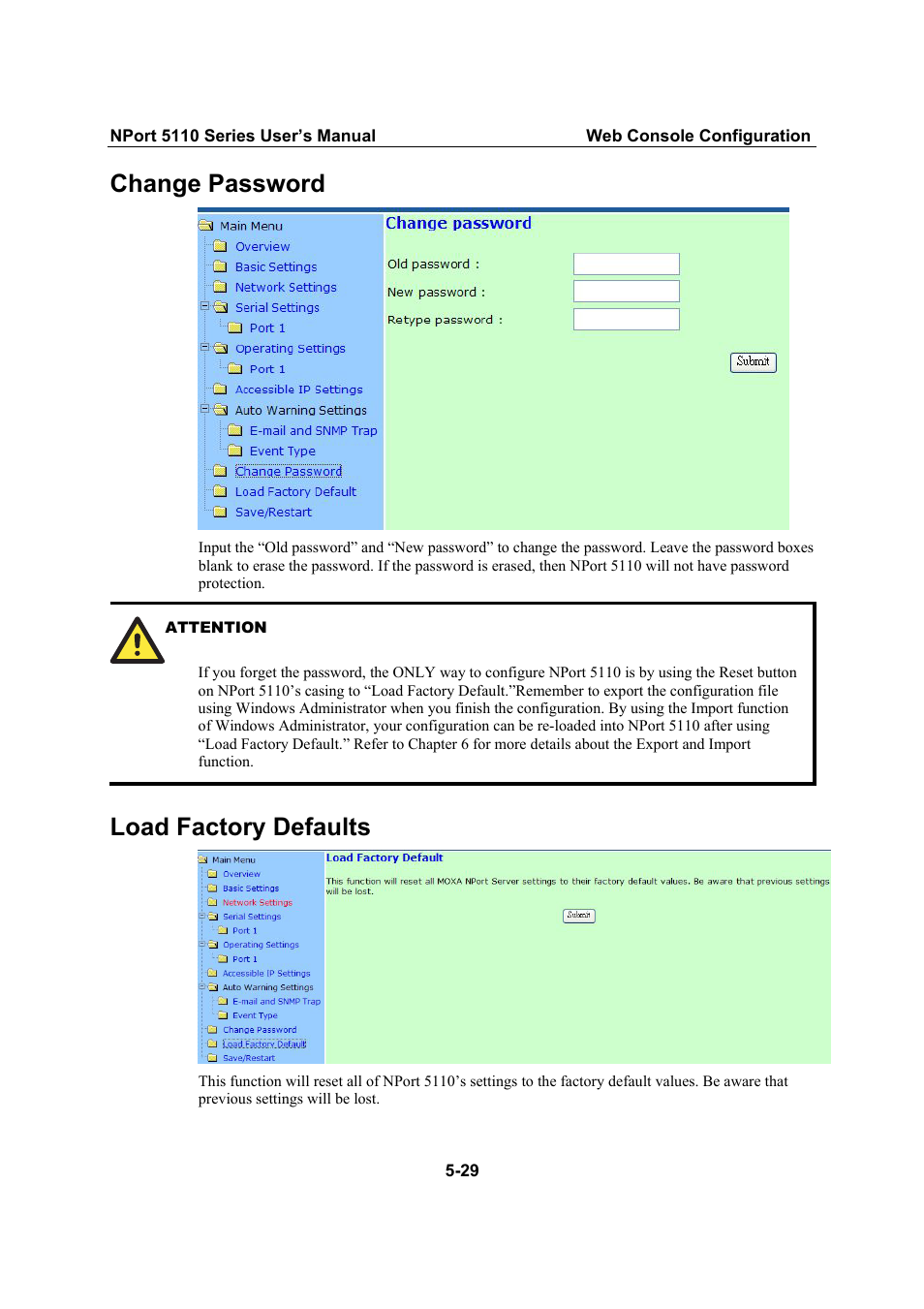 Change password, Load factory defaults, Change password -29 | Load factory defaults -29 | Moxa Technologies NPort 5110 Series User Manual | Page 51 / 101