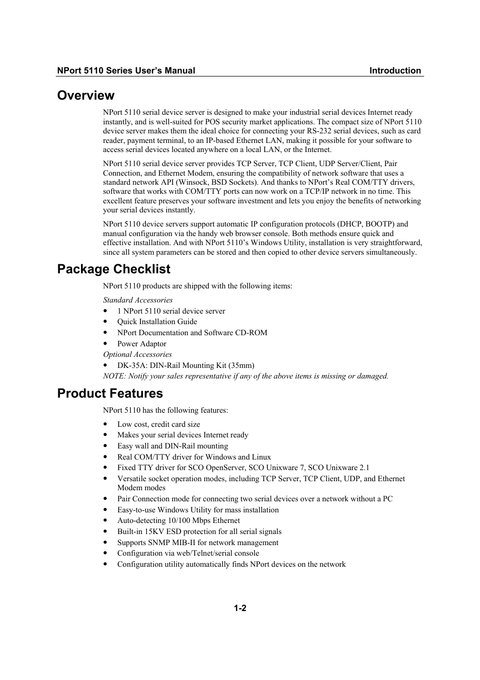 Overview, Package checklist, Product features | Package checklist -2, Product features -2 | Moxa Technologies NPort 5110 Series User Manual | Page 6 / 101