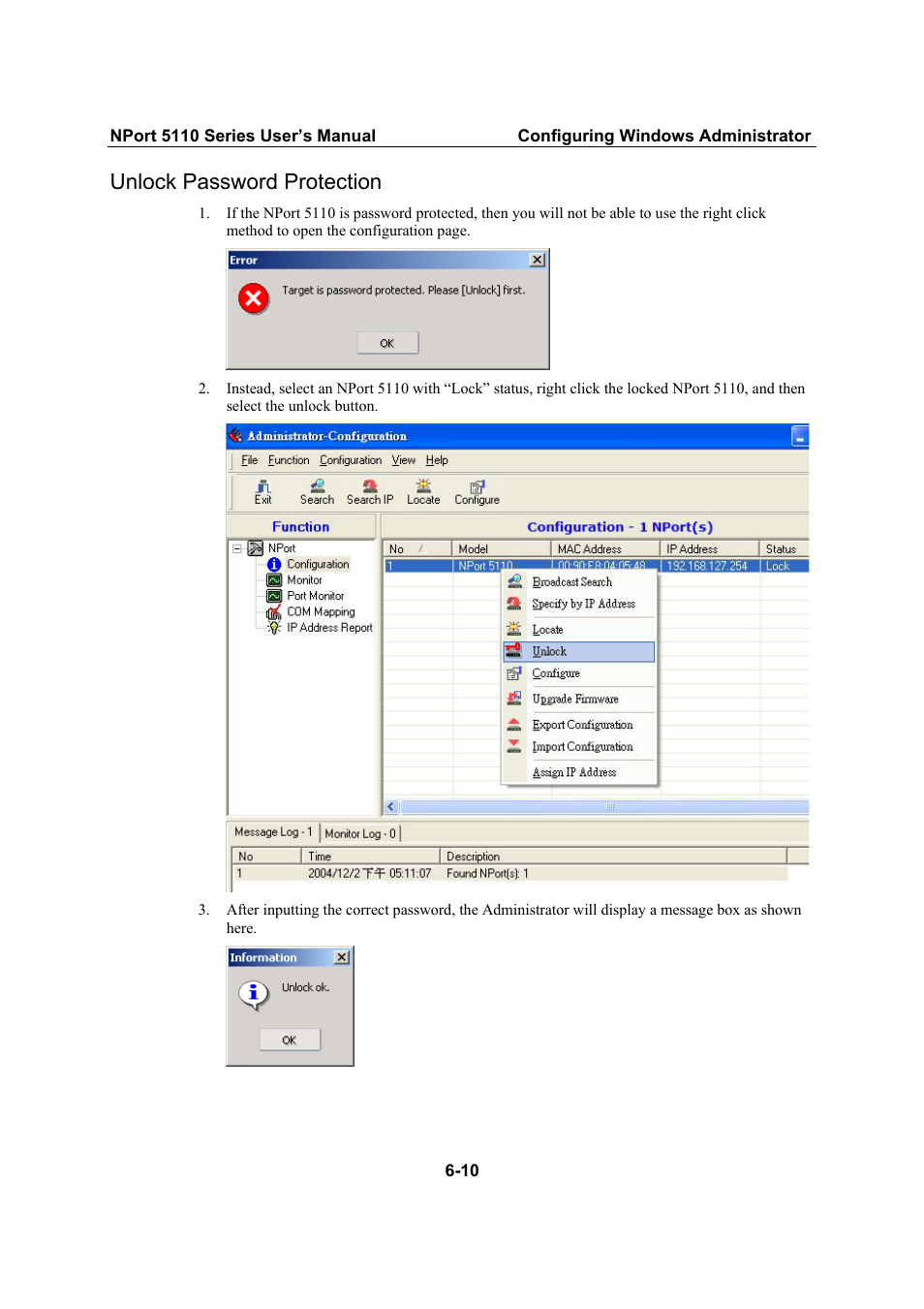 Unlock password protection, Unlock password protection -10 | Moxa Technologies NPort 5110 Series User Manual | Page 61 / 101