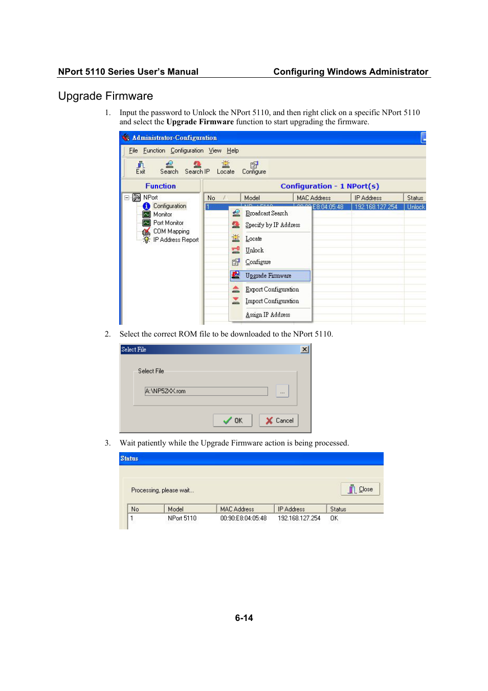 Upgrade firmware, Upgrade firmware -14 | Moxa Technologies NPort 5110 Series User Manual | Page 65 / 101