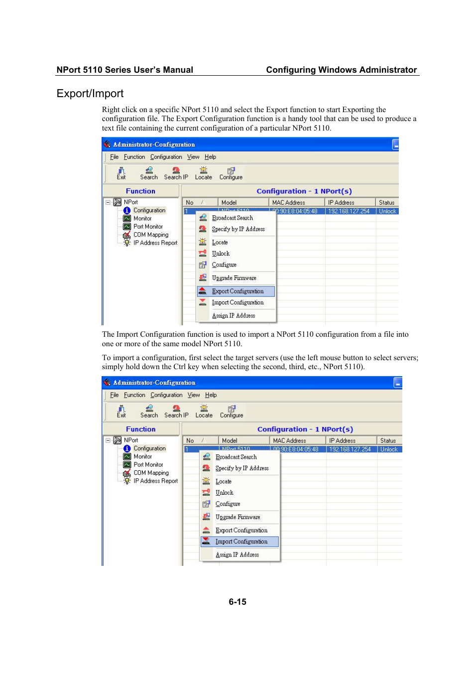 Export/import, Export/import -15 | Moxa Technologies NPort 5110 Series User Manual | Page 66 / 101