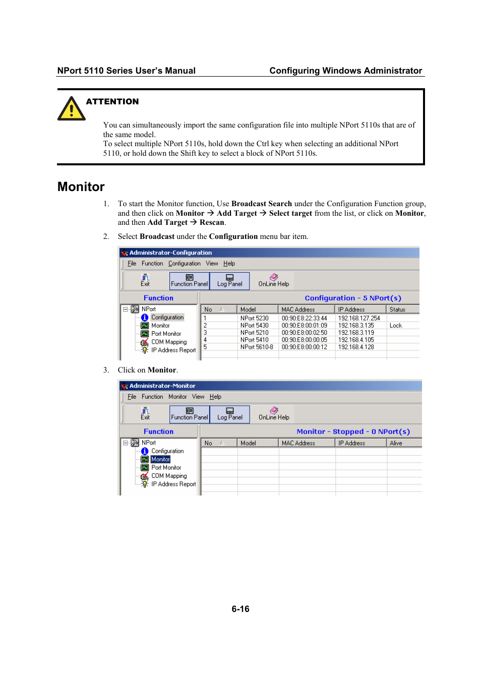 Monitor, Monitor -16 | Moxa Technologies NPort 5110 Series User Manual | Page 67 / 101