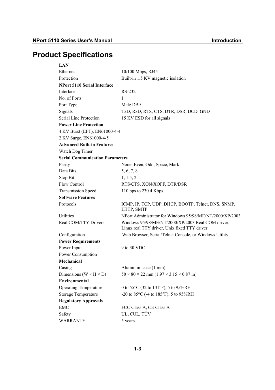 Product specifications, Product specifications -3 | Moxa Technologies NPort 5110 Series User Manual | Page 7 / 101