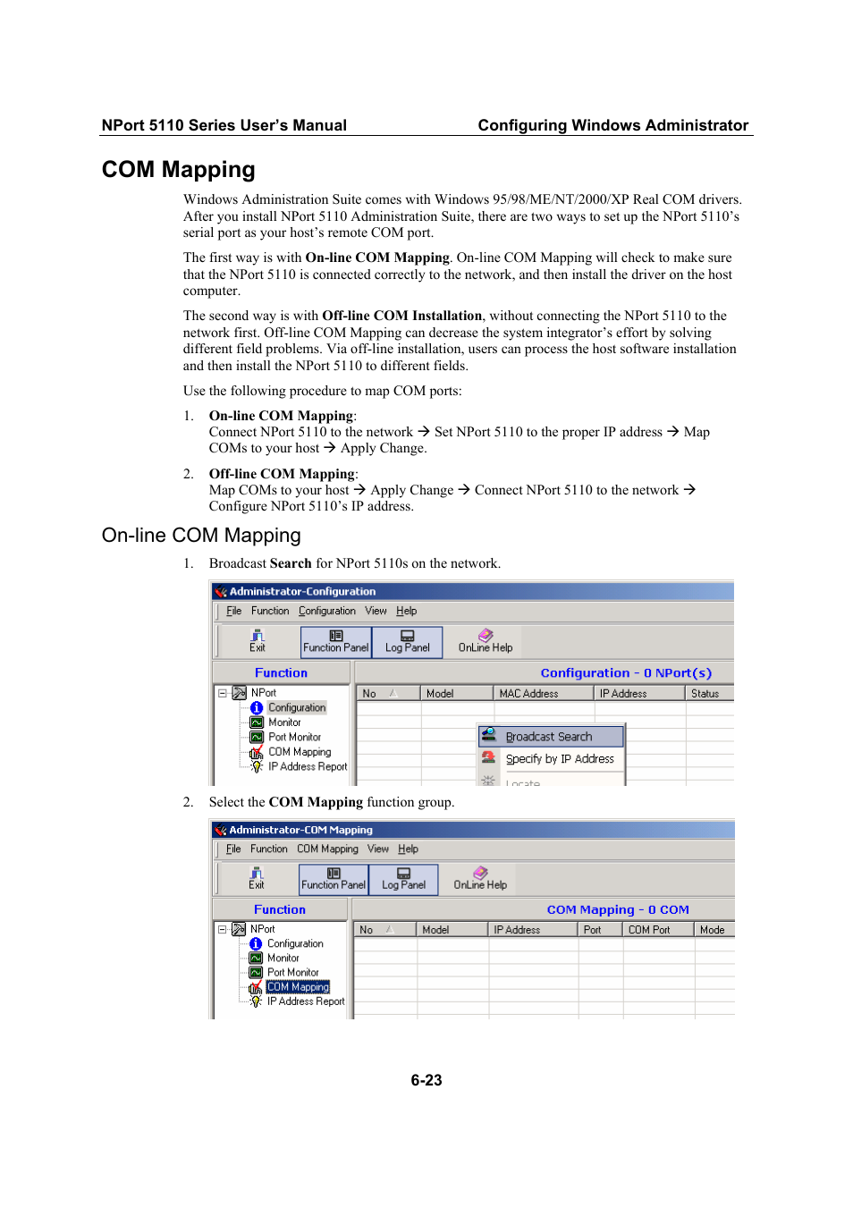 Com mapping, On-line com mapping, Com mapping -23 | On-line com mapping -23 | Moxa Technologies NPort 5110 Series User Manual | Page 74 / 101