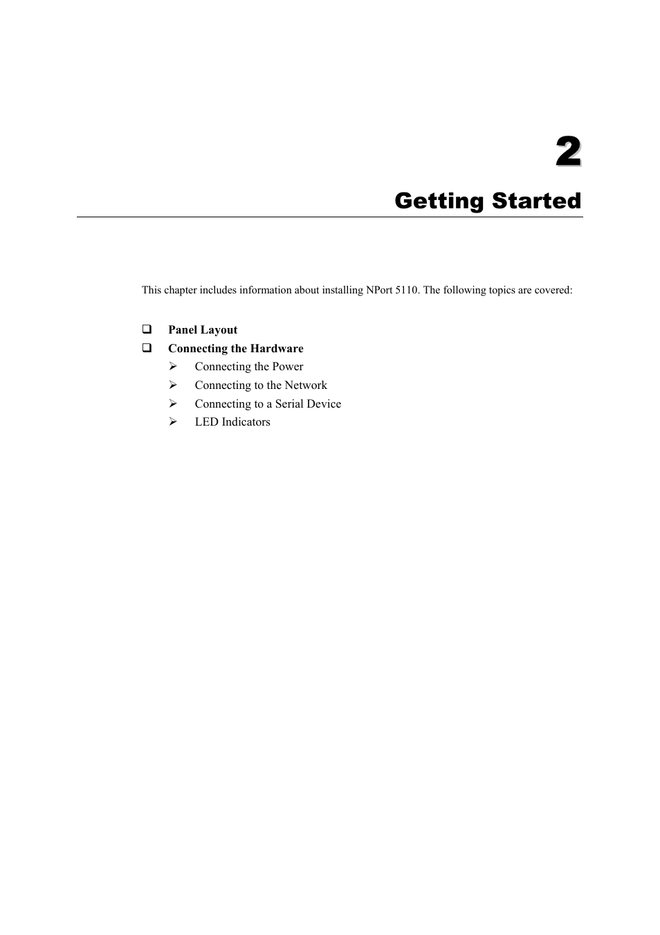 Getting started, Chapter 2, Getting started -1 | Moxa Technologies NPort 5110 Series User Manual | Page 8 / 101