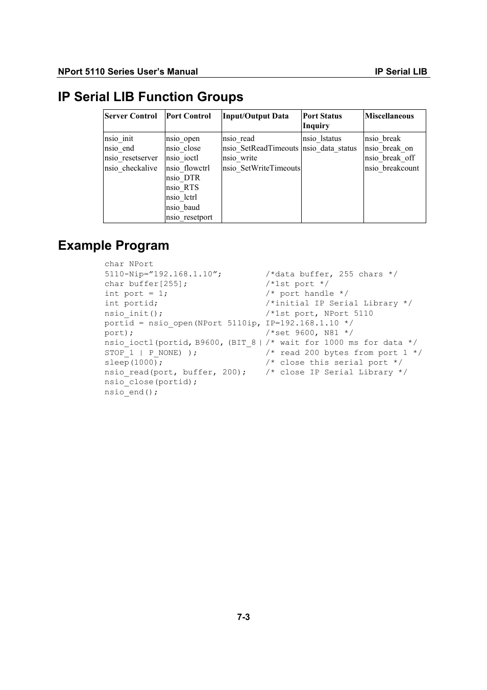 Ip serial lib function groups, Example program, Ip serial lib function groups -3 | Example program -3 | Moxa Technologies NPort 5110 Series User Manual | Page 85 / 101