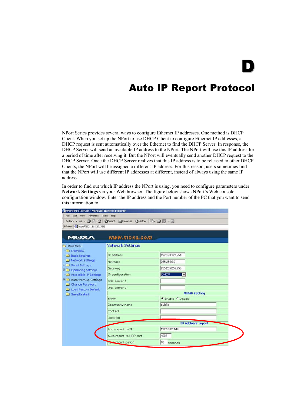 D. auto ip report protocol, Appendix d | Moxa Technologies NPort 5110 Series User Manual | Page 96 / 101