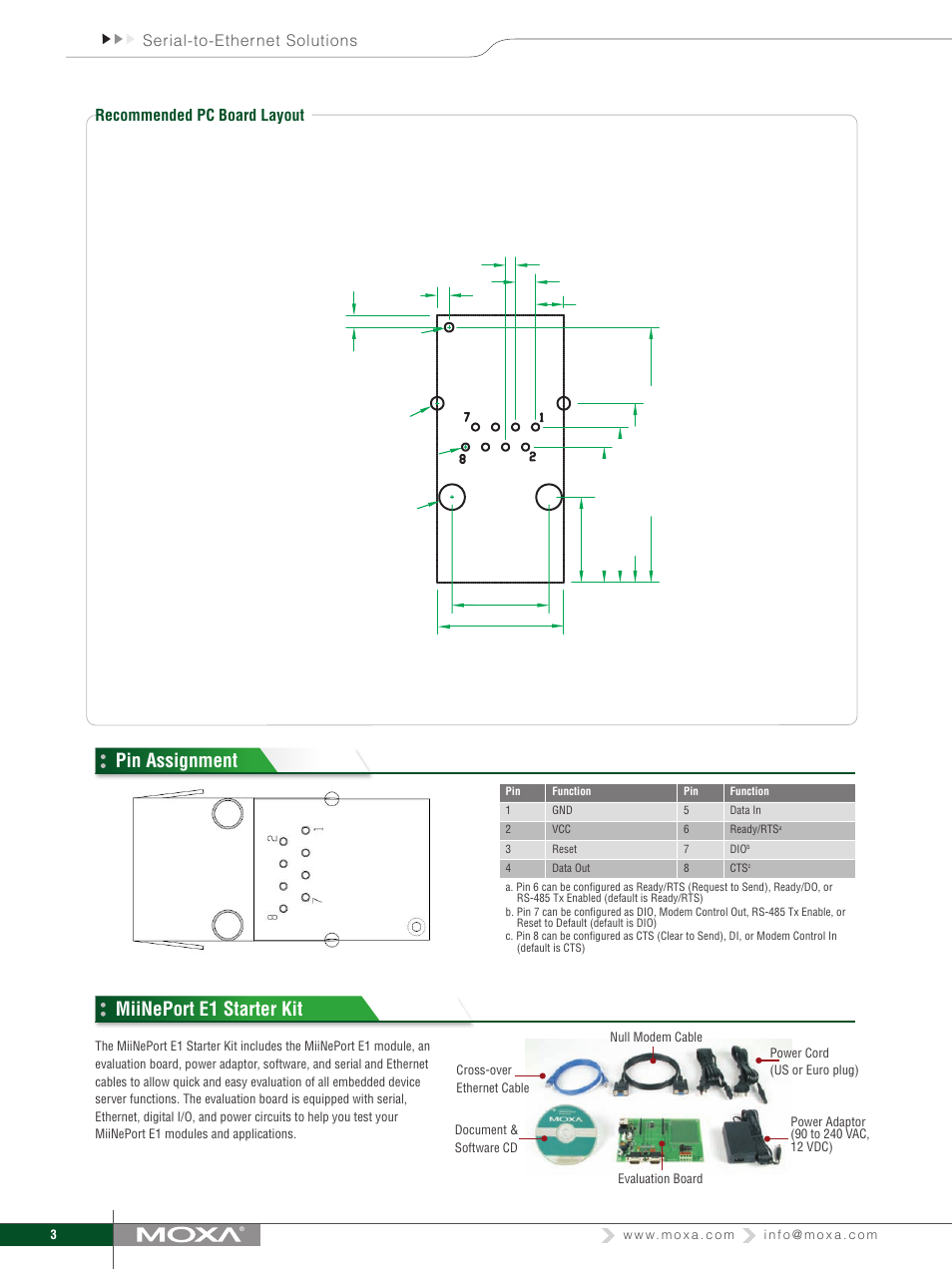 Pin assignment, Miineport e1 starter kit | Moxa Technologies MIINEPORT E1 User Manual | Page 3 / 4