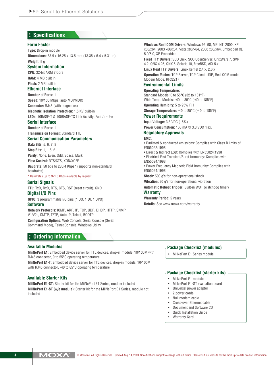 Specifications ordering information | Moxa Technologies MIINEPORT E1 User Manual | Page 4 / 4