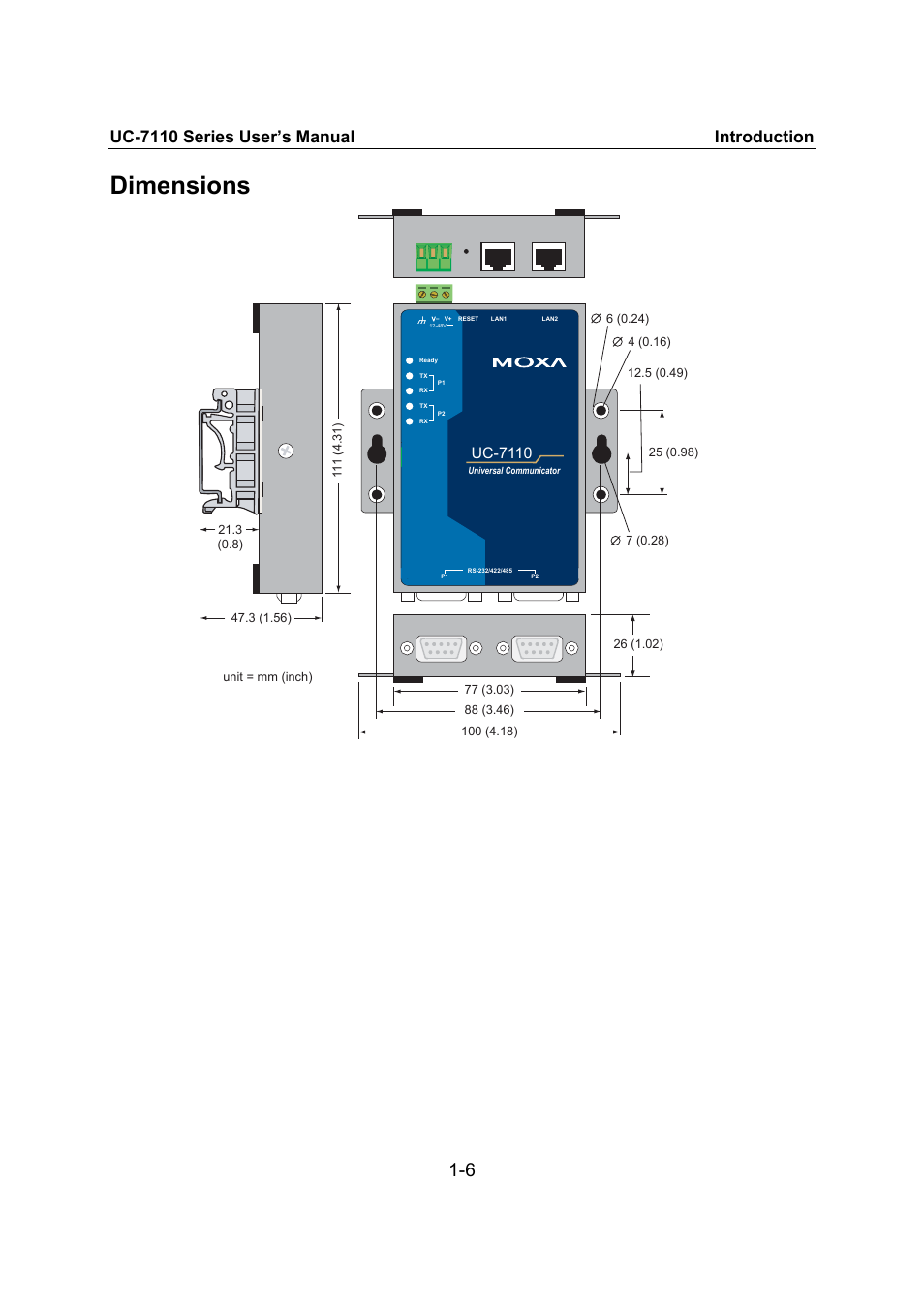 Dimensions, Uc-7110 series user’s manual introduction, Uc-7110 | Moxa Technologies UC-7110 User Manual | Page 10 / 64
