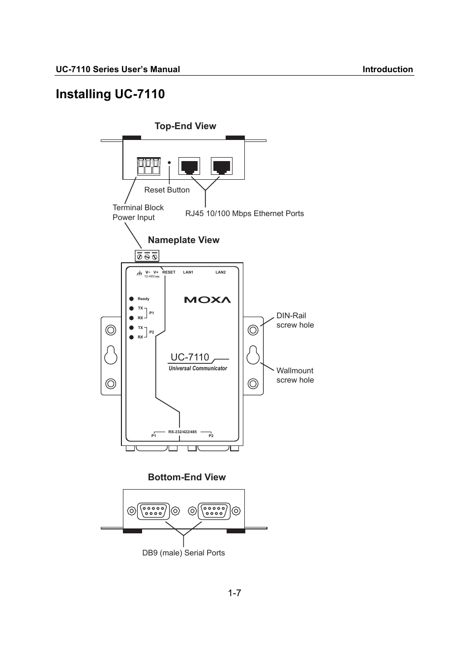 Installing uc-7110, Uc-7110, Top-end view bottom-end view | Nameplate view, Uc-7110 series user’s manual introduction | Moxa Technologies UC-7110 User Manual | Page 11 / 64