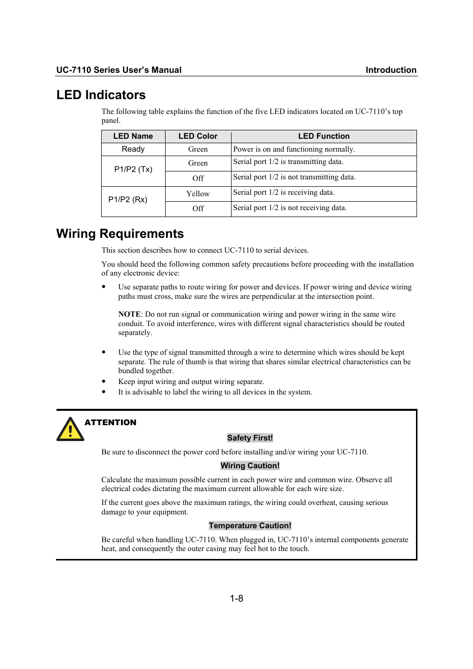 Led indicators, Wiring requirements | Moxa Technologies UC-7110 User Manual | Page 12 / 64