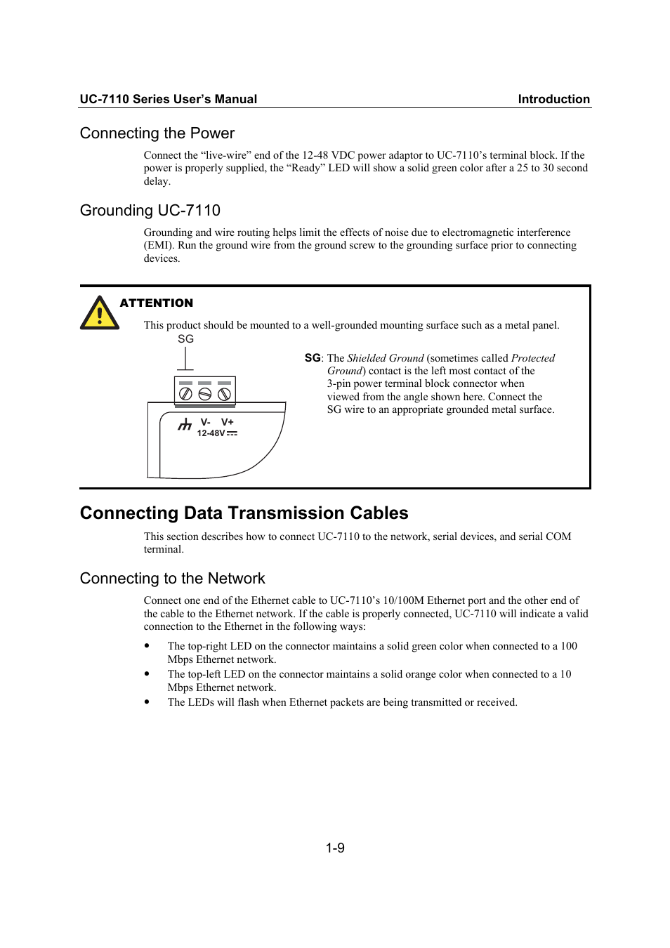 Connecting the power, Grounding uc-7110, Connecting data transmission cables | Connecting to the network, Connecting the power -9, Grounding uc-7110 -9, Connecting data transmission cables -9, Connecting to the network -9 | Moxa Technologies UC-7110 User Manual | Page 13 / 64