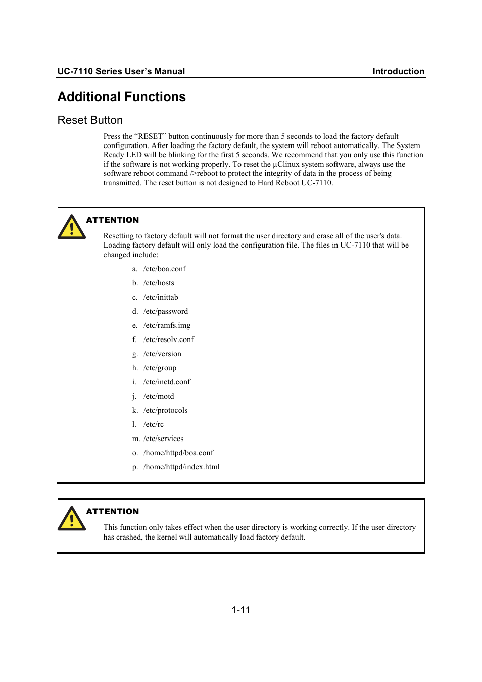 Additional functions, Reset button, Additional functions -11 | Reset button -11 | Moxa Technologies UC-7110 User Manual | Page 15 / 64