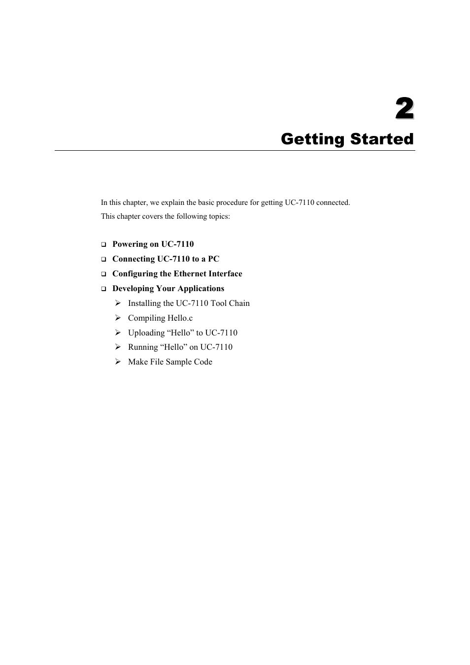 Getting started, Chapter 2, Getting started -1 | Moxa Technologies UC-7110 User Manual | Page 17 / 64