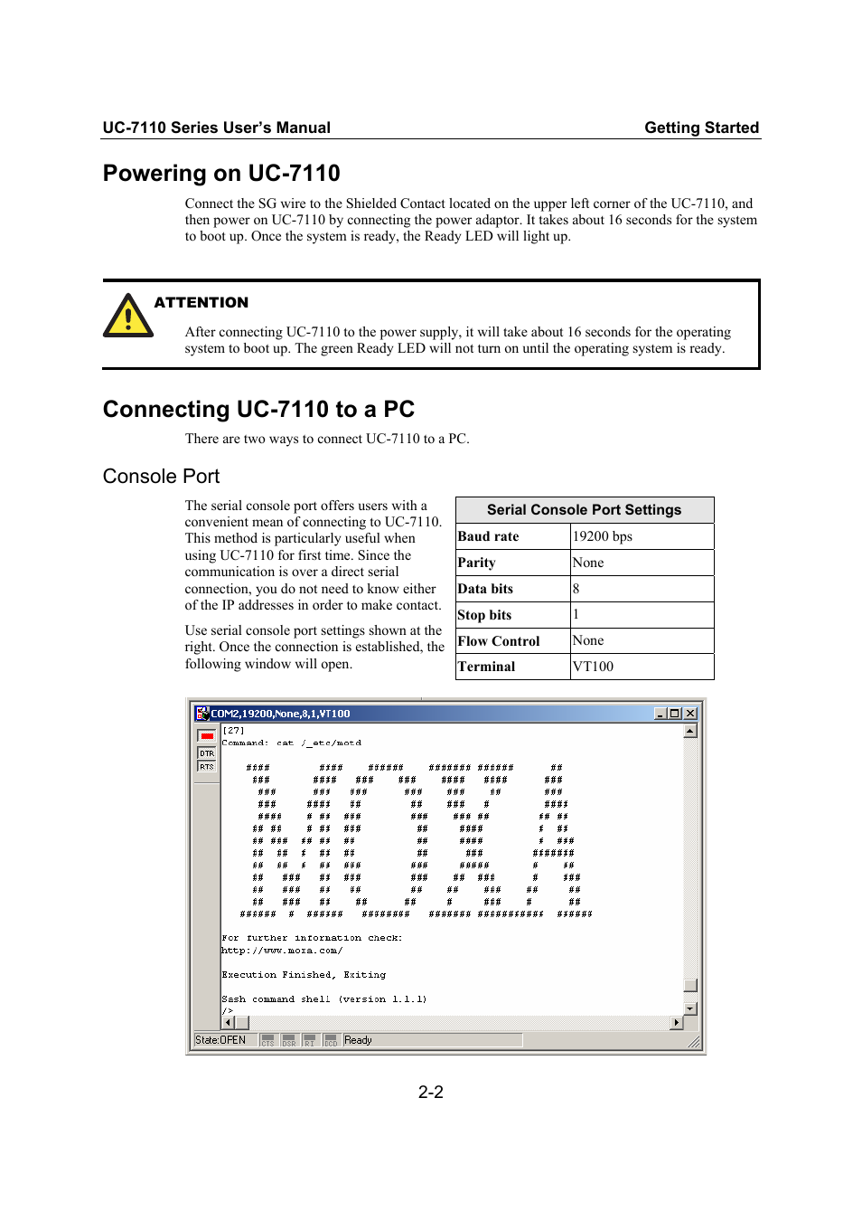 Powering on uc-7110, Connecting uc-7110 to a pc, Console port | Connecting uc-7110 to a pc -2, Console port -2 | Moxa Technologies UC-7110 User Manual | Page 18 / 64