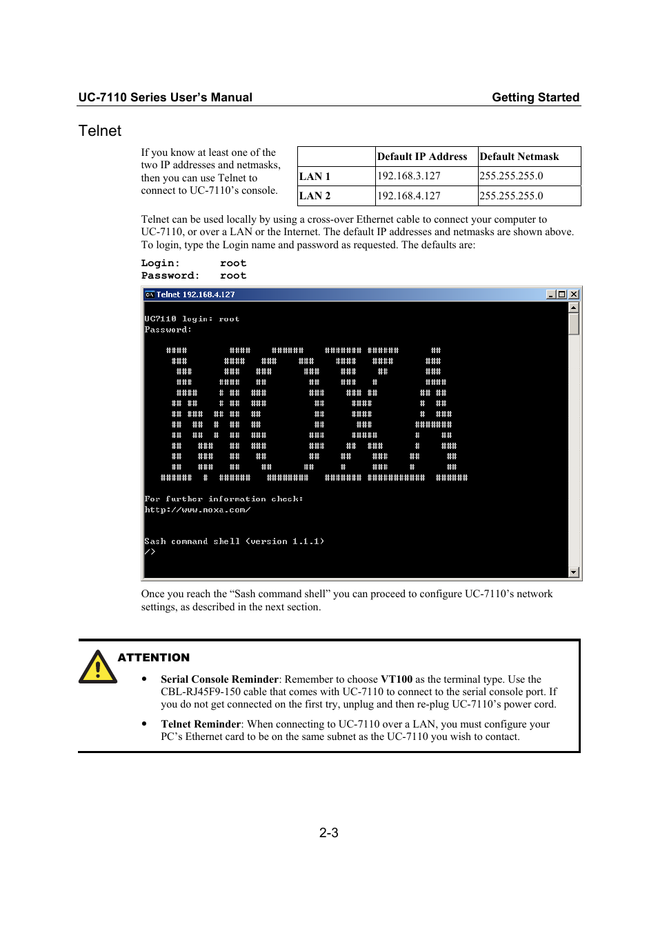 Telnet | Moxa Technologies UC-7110 User Manual | Page 19 / 64