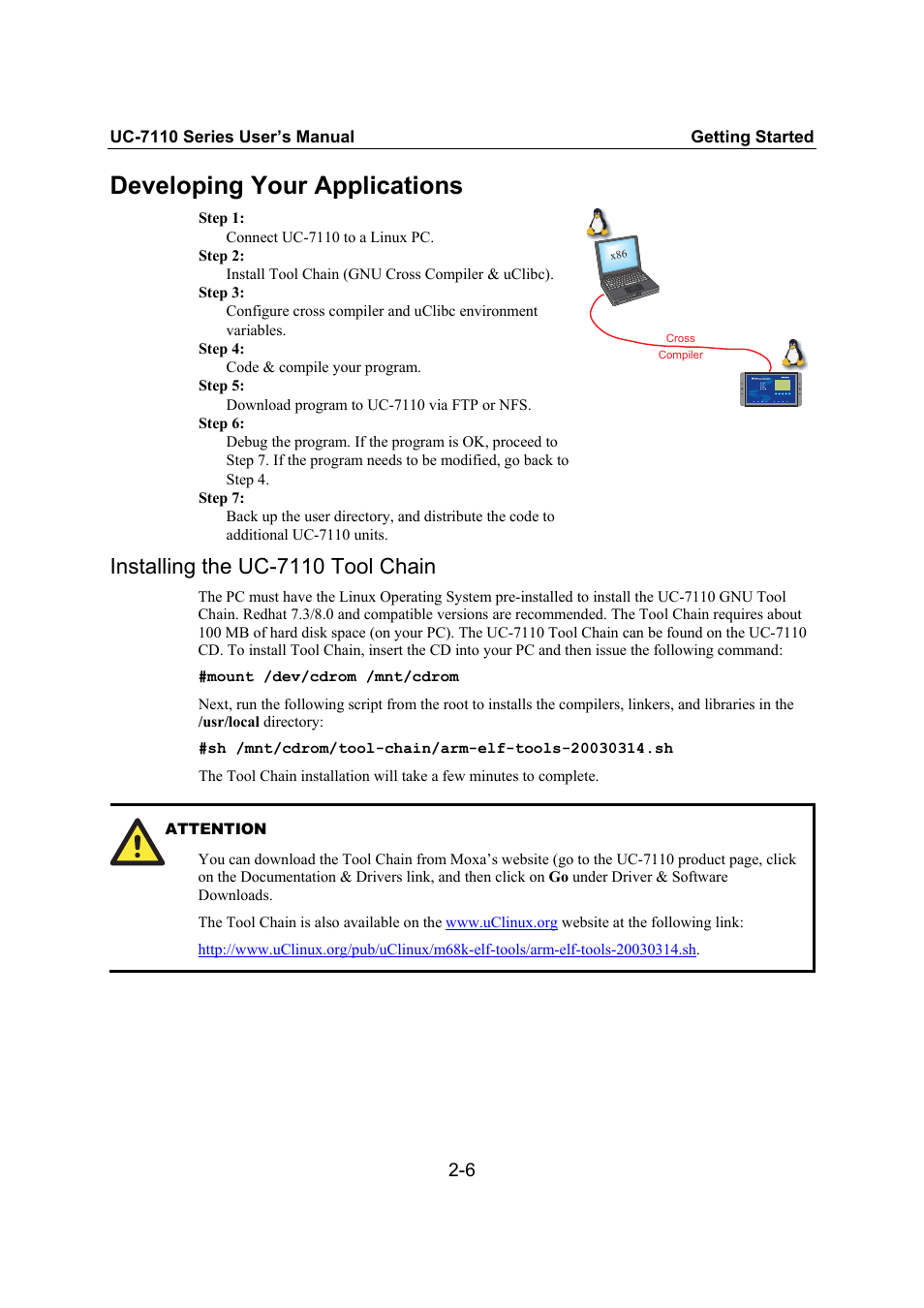 Developing your applications, Installing the uc-7110 tool chain, Developing your applications -6 | Installing the uc-7110 tool chain -6 | Moxa Technologies UC-7110 User Manual | Page 22 / 64
