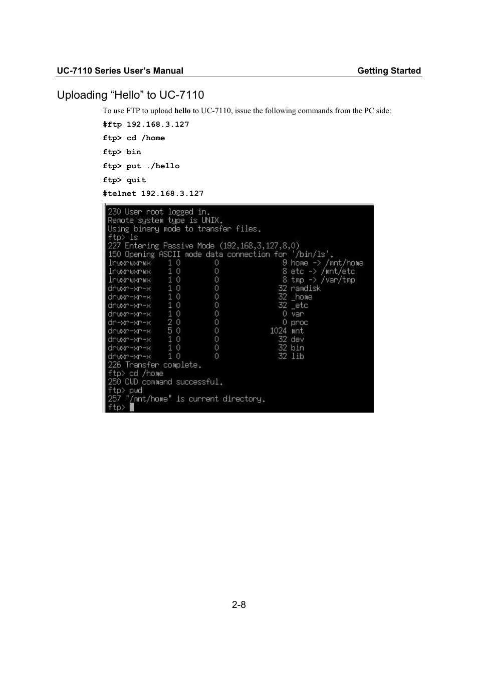 Uploading “hello” to uc-7110, Uploading “hello” to uc-7110 -8 | Moxa Technologies UC-7110 User Manual | Page 24 / 64