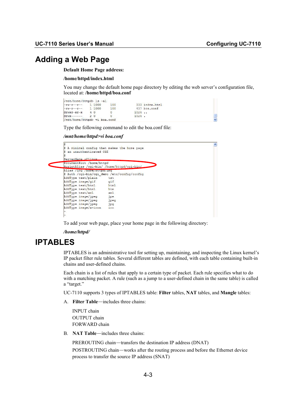 Iptables, Adding a web page | Moxa Technologies UC-7110 User Manual | Page 35 / 64