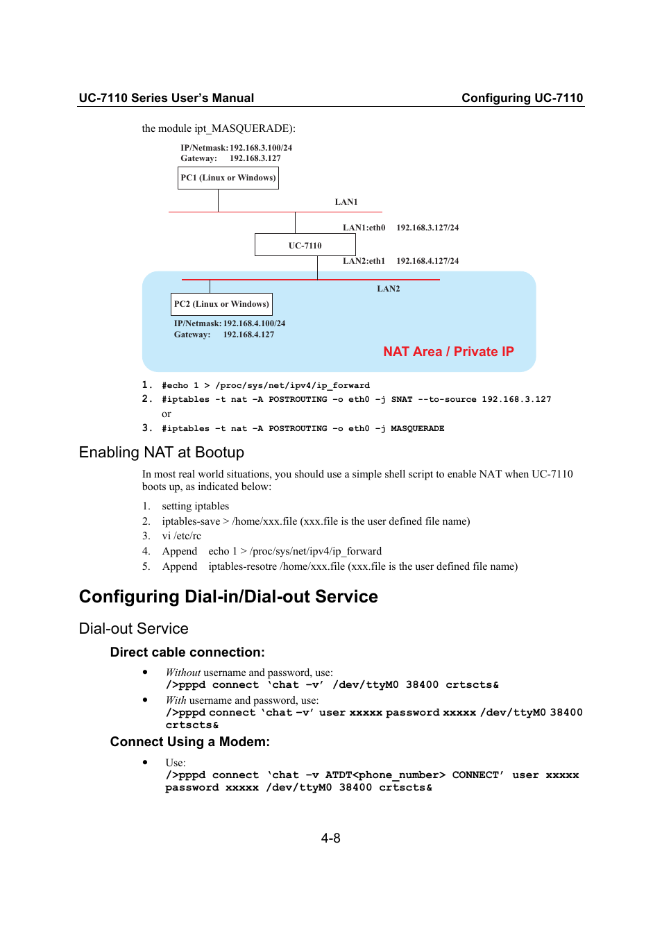 Enabling nat at bootup, Configuring dial-in/dial-out service, Dial-out service | Enabling nat at bootup -8, Configuring dial-in/dial-out service -8, Dial-out service -8 | Moxa Technologies UC-7110 User Manual | Page 40 / 64