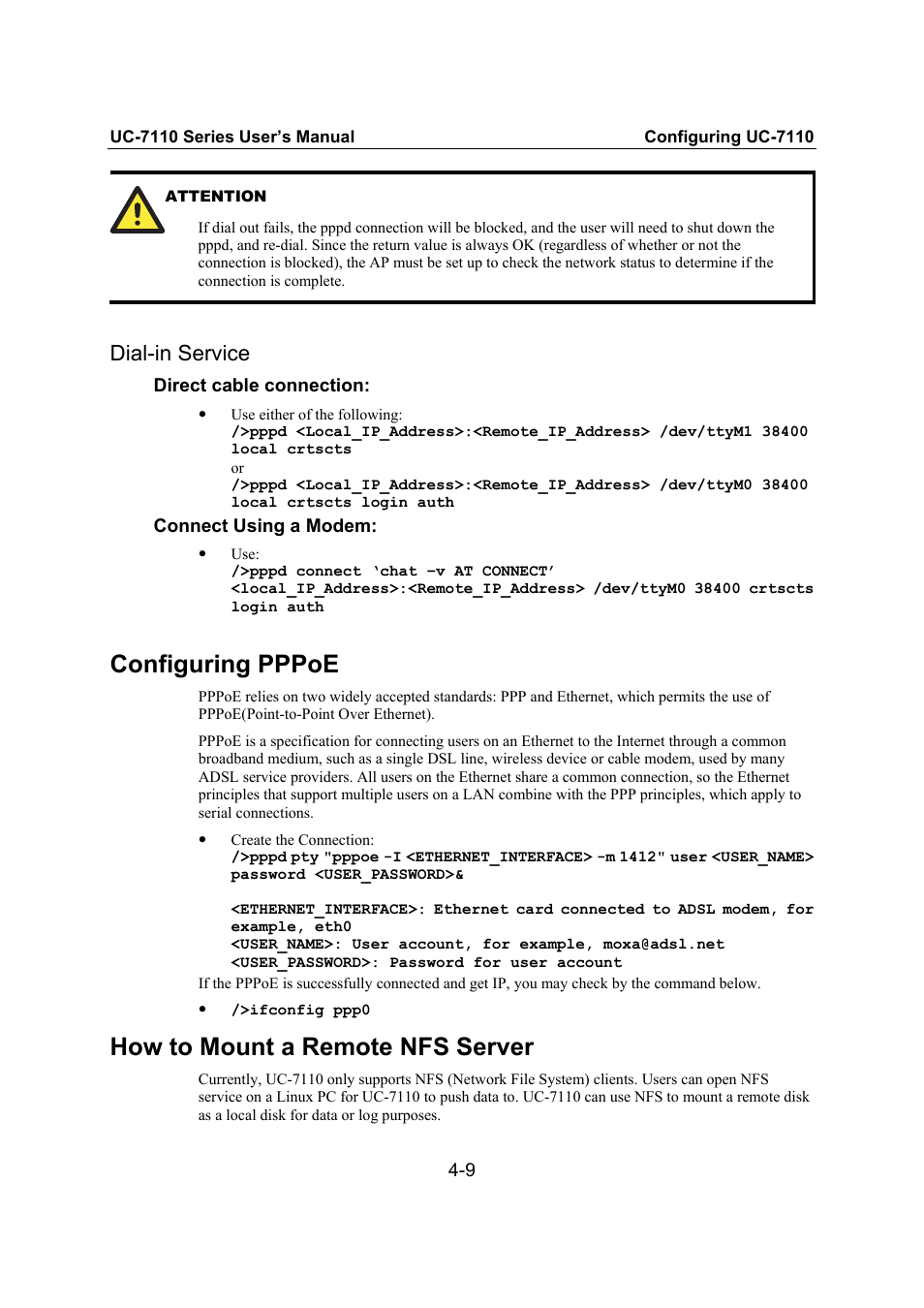 Dial-in service, Configuring pppoe, How to mount a remote nfs server | Dial-in service -9, How to mount a remote nfs server -9 | Moxa Technologies UC-7110 User Manual | Page 41 / 64
