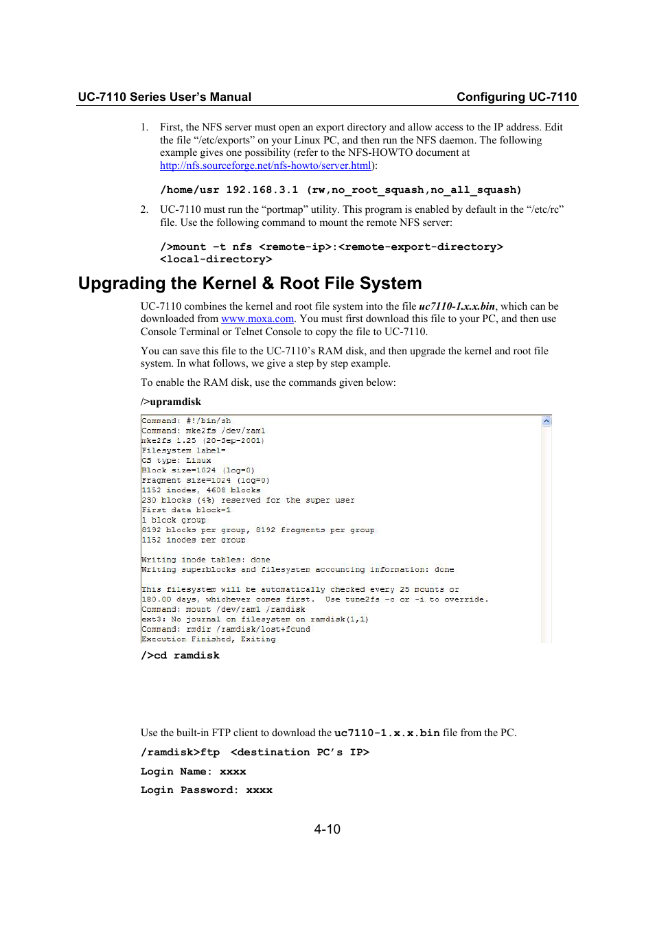 Upgrading the kernel & root file system, Upgrading the kernel & root file system -10 | Moxa Technologies UC-7110 User Manual | Page 42 / 64