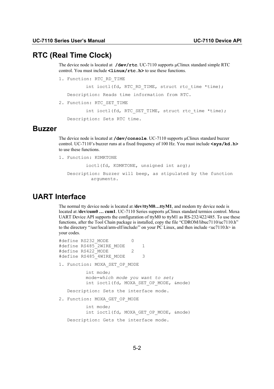 Rtc (real time clock), Buzzer, Uart interface | Moxa Technologies UC-7110 User Manual | Page 48 / 64