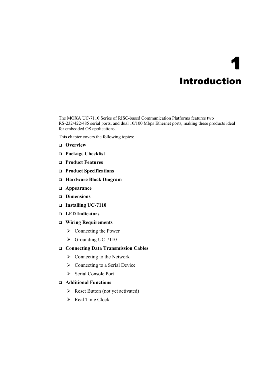 Introduction, Chapter 1, Introduction -1 | Moxa Technologies UC-7110 User Manual | Page 5 / 64