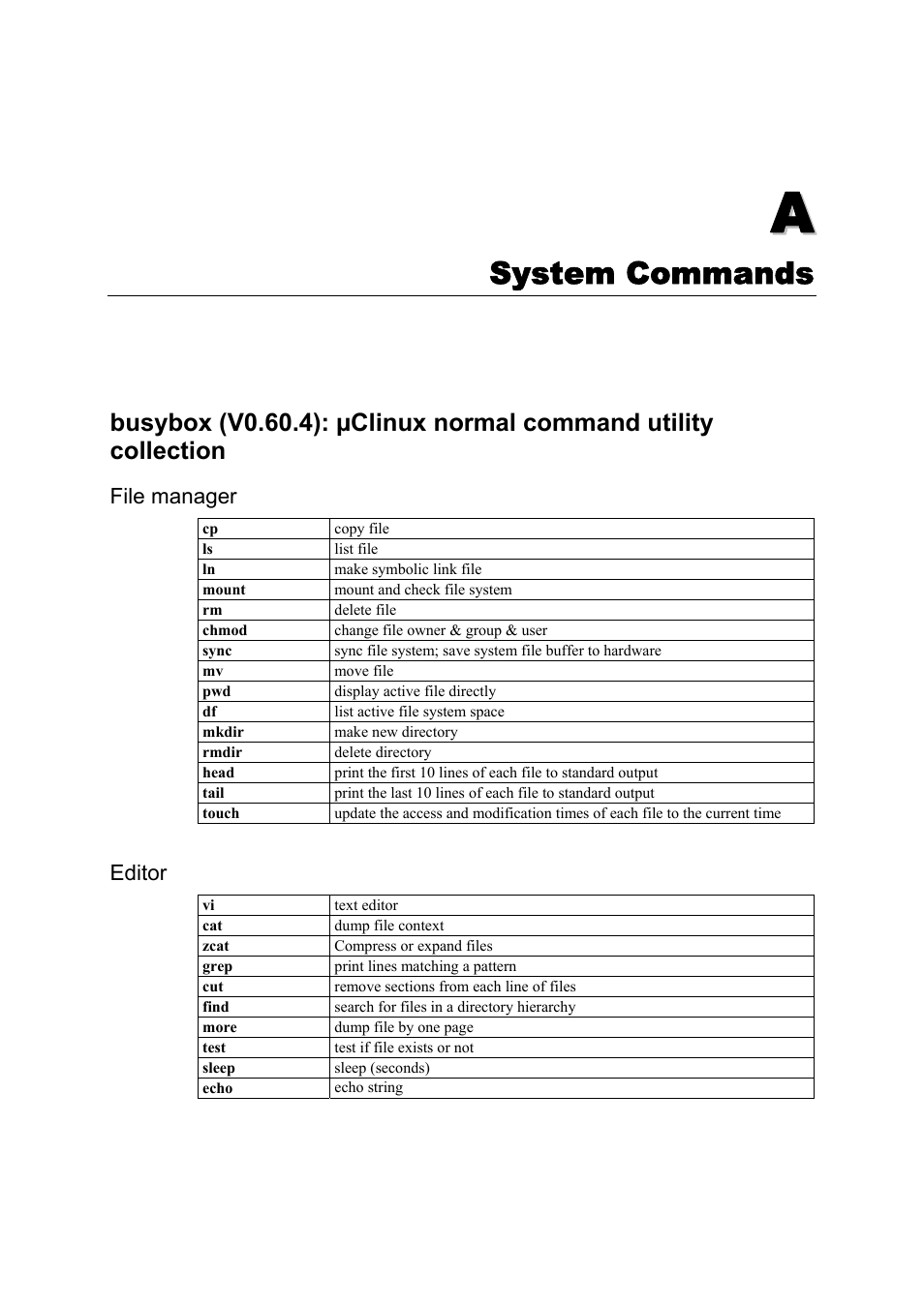 A. system commands, File manager, Editor | Appendix a, System commands | Moxa Technologies UC-7110 User Manual | Page 54 / 64