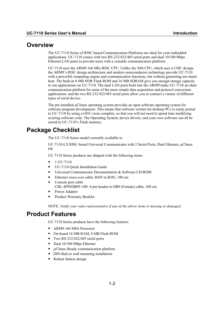 Overview, Package checklist, Product features | Moxa Technologies UC-7110 User Manual | Page 6 / 64