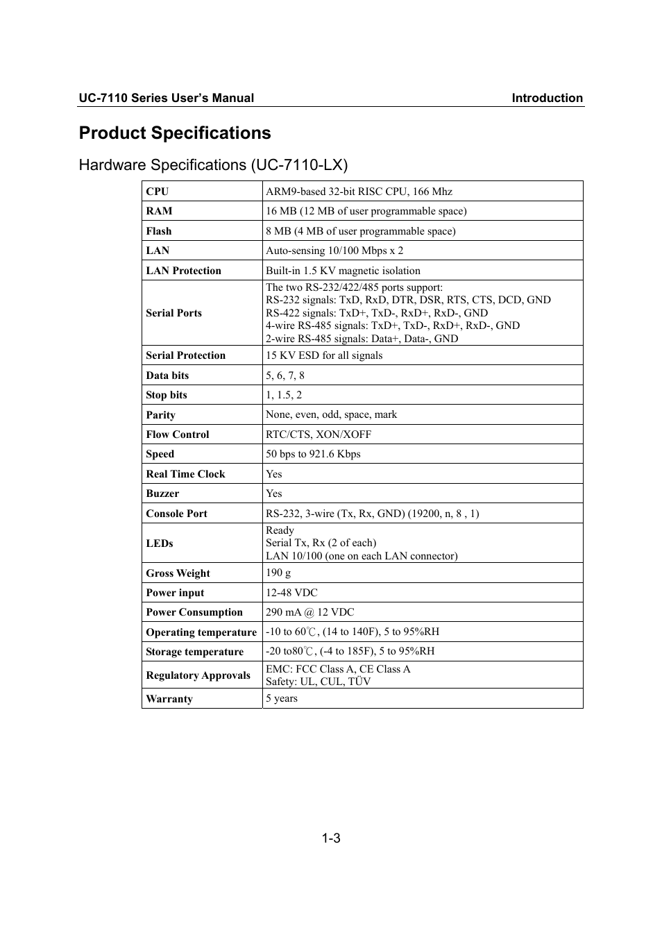 Product specifications, Hardware specifications (uc-7110-lx), Hardware specifications (uc-7110-lx) -3 | Moxa Technologies UC-7110 User Manual | Page 7 / 64