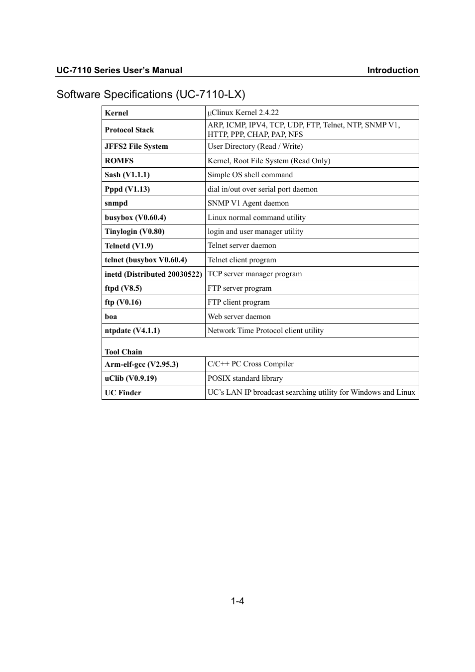 Software specifications (uc-7110-lx), Software specifications (uc-7110-lx) -4 | Moxa Technologies UC-7110 User Manual | Page 8 / 64