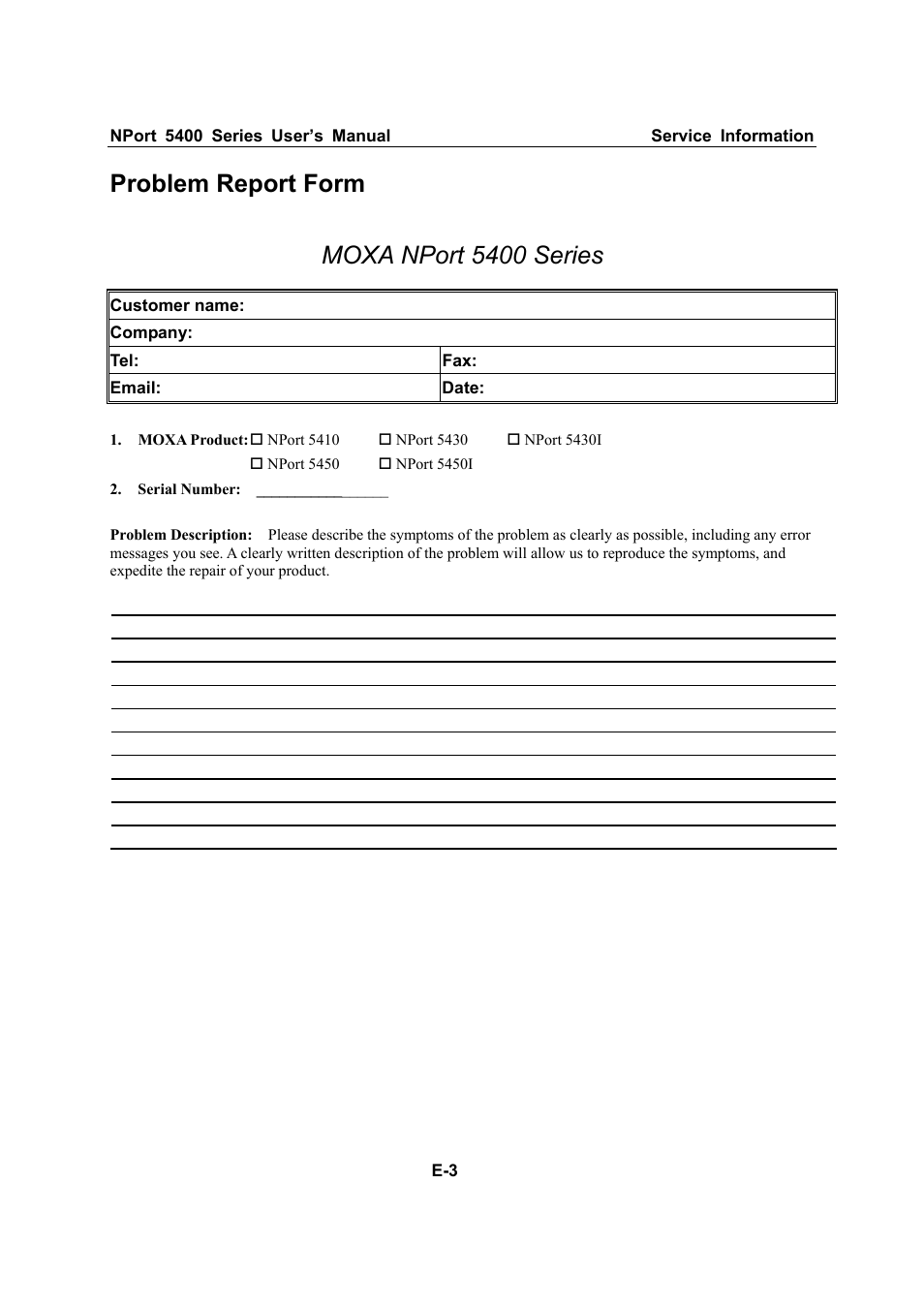 Problem report form, Problem report form moxa nport 5400 series | Moxa Technologies NPort 5400 Series User Manual | Page 103 / 104