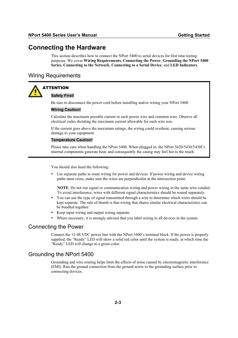 Connecting the hardware, Wiring requirements, Connecting the power | Grounding the nport 5400 | Moxa Technologies NPort 5400 Series User Manual | Page 11 / 104
