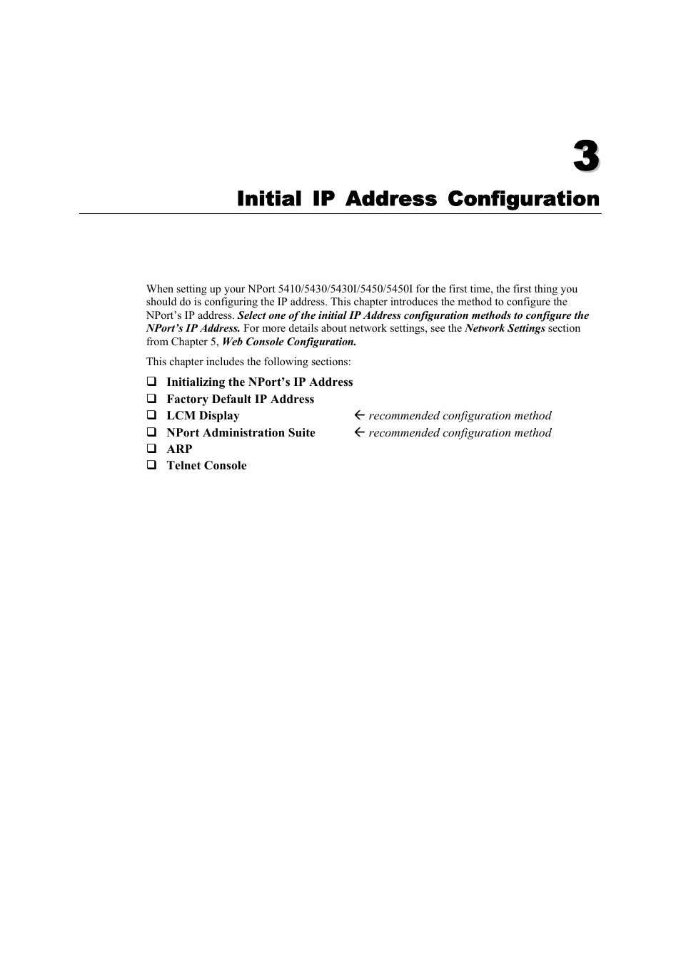 Initial ip address configuration, Chapter 3, Initial ip address configuration -1 | Moxa Technologies NPort 5400 Series User Manual | Page 14 / 104