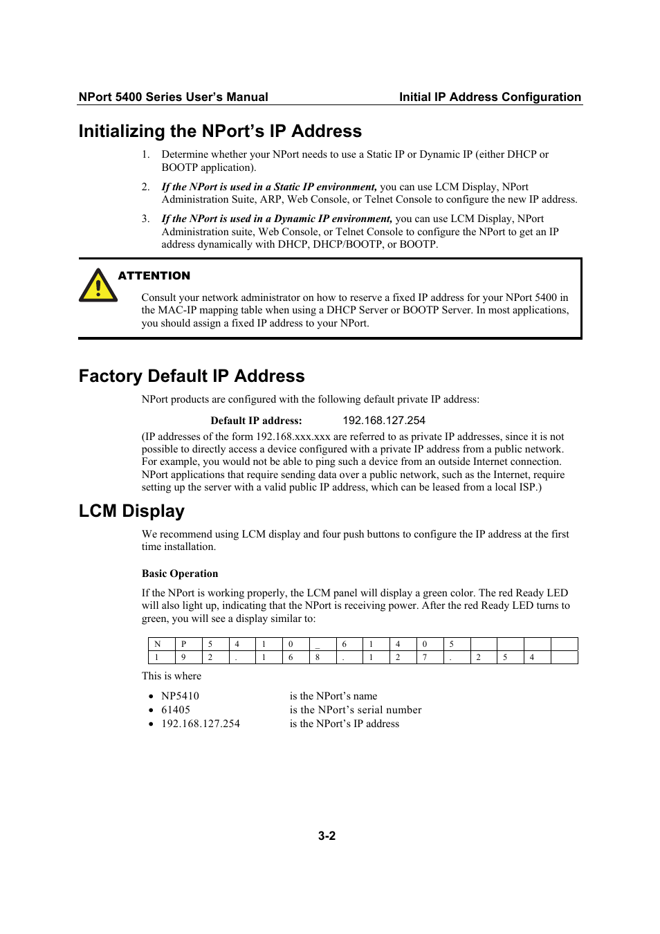 Initializing the nport’s ip address, Factory default ip address, Lcm display | Moxa Technologies NPort 5400 Series User Manual | Page 15 / 104