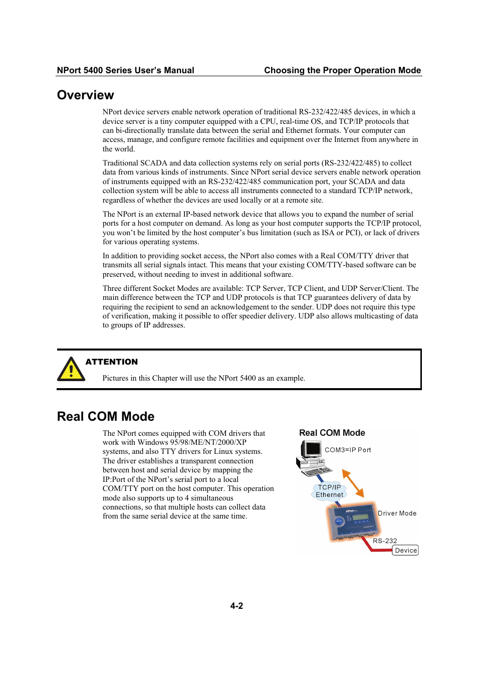 Overview, Real com mode | Moxa Technologies NPort 5400 Series User Manual | Page 23 / 104
