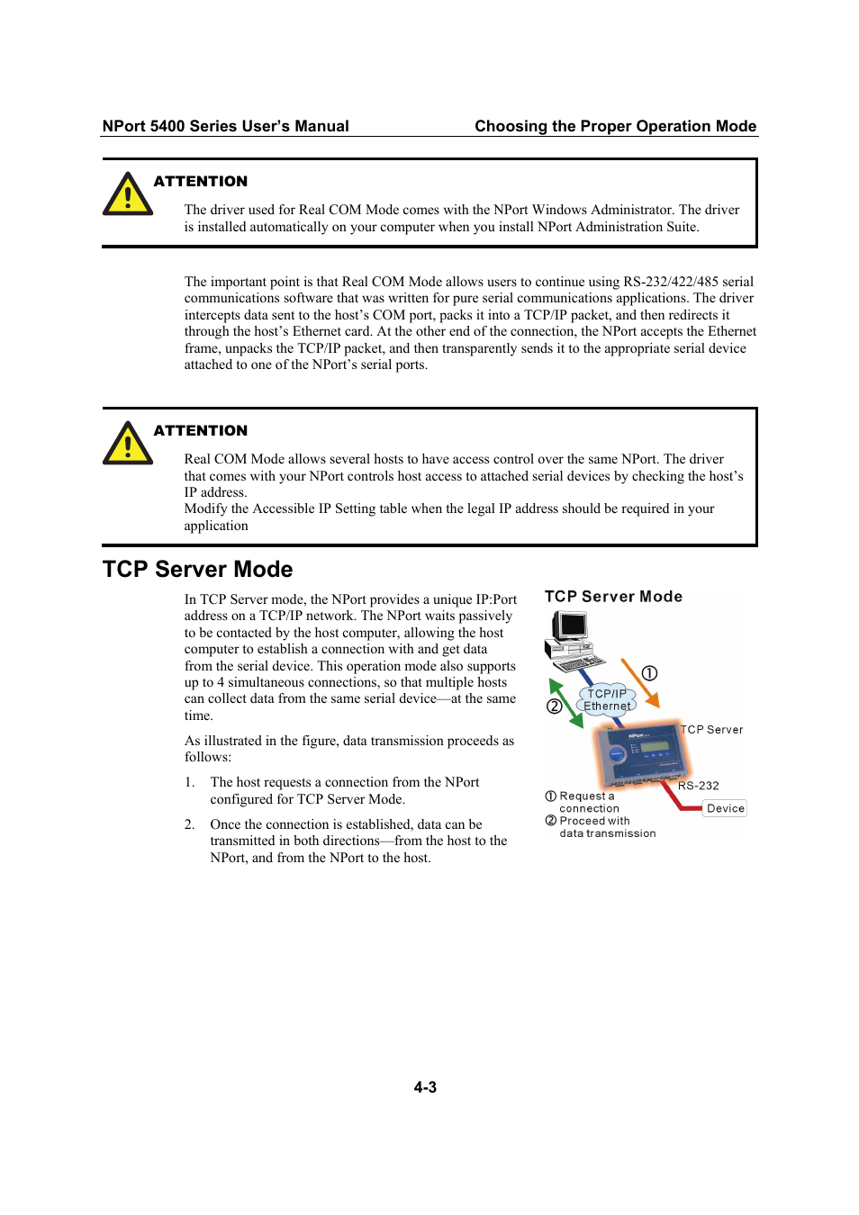 Tcp server mode | Moxa Technologies NPort 5400 Series User Manual | Page 24 / 104