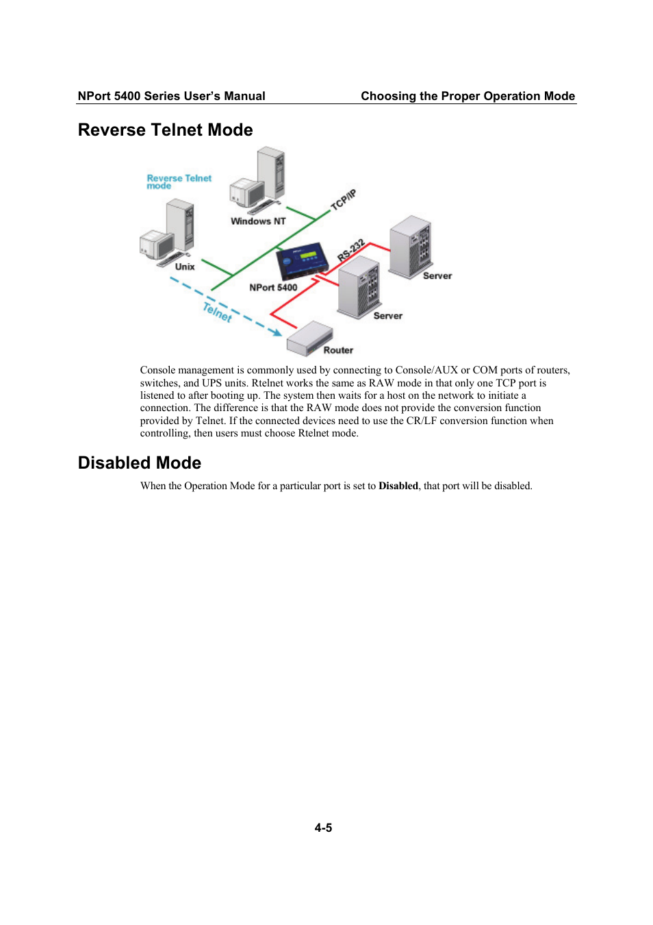 Reverse telnet mode, Disabled mode | Moxa Technologies NPort 5400 Series User Manual | Page 26 / 104