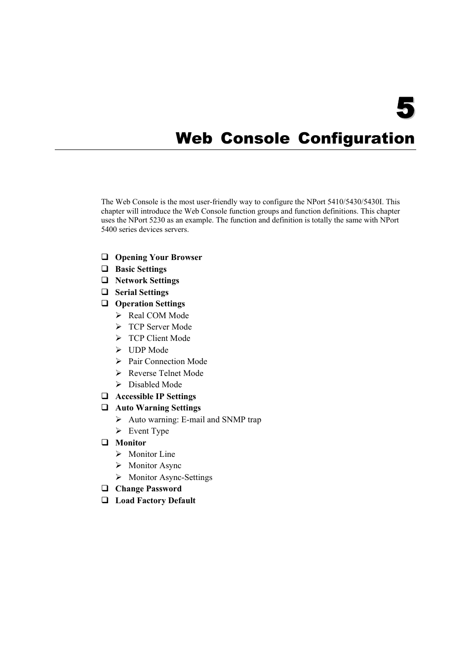 Web console configuration, Chapter 5, Web console configuration -1 | Moxa Technologies NPort 5400 Series User Manual | Page 27 / 104